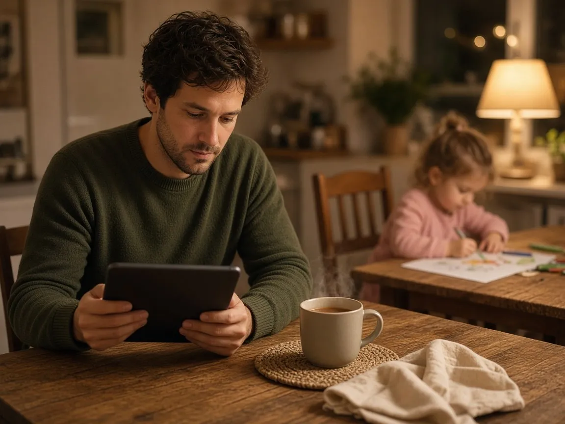 A father reads on his tablet while his daughter draws in the background