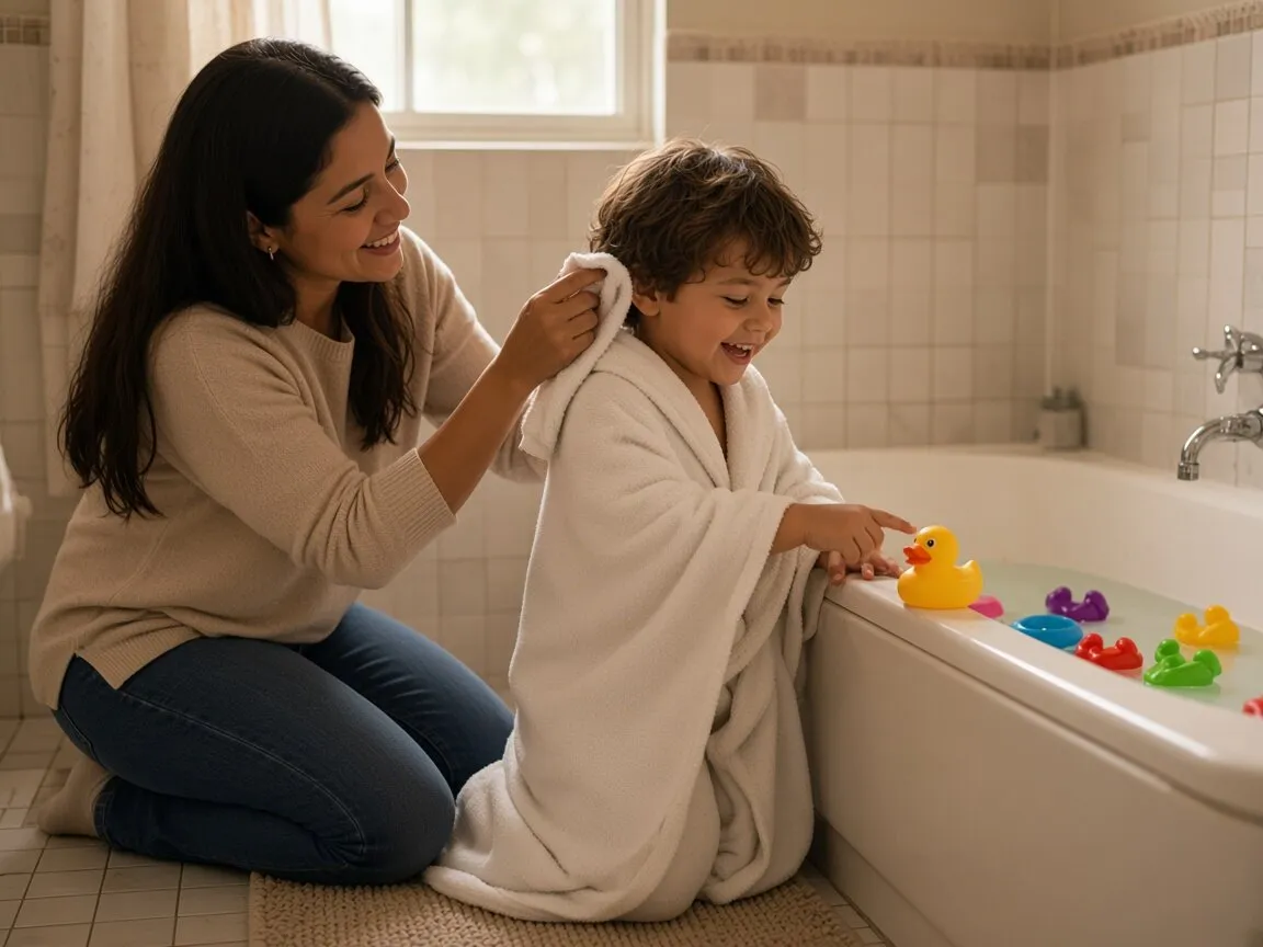 Una madre seca el cabello de su hijo, envuelto en una toalla, después del baño