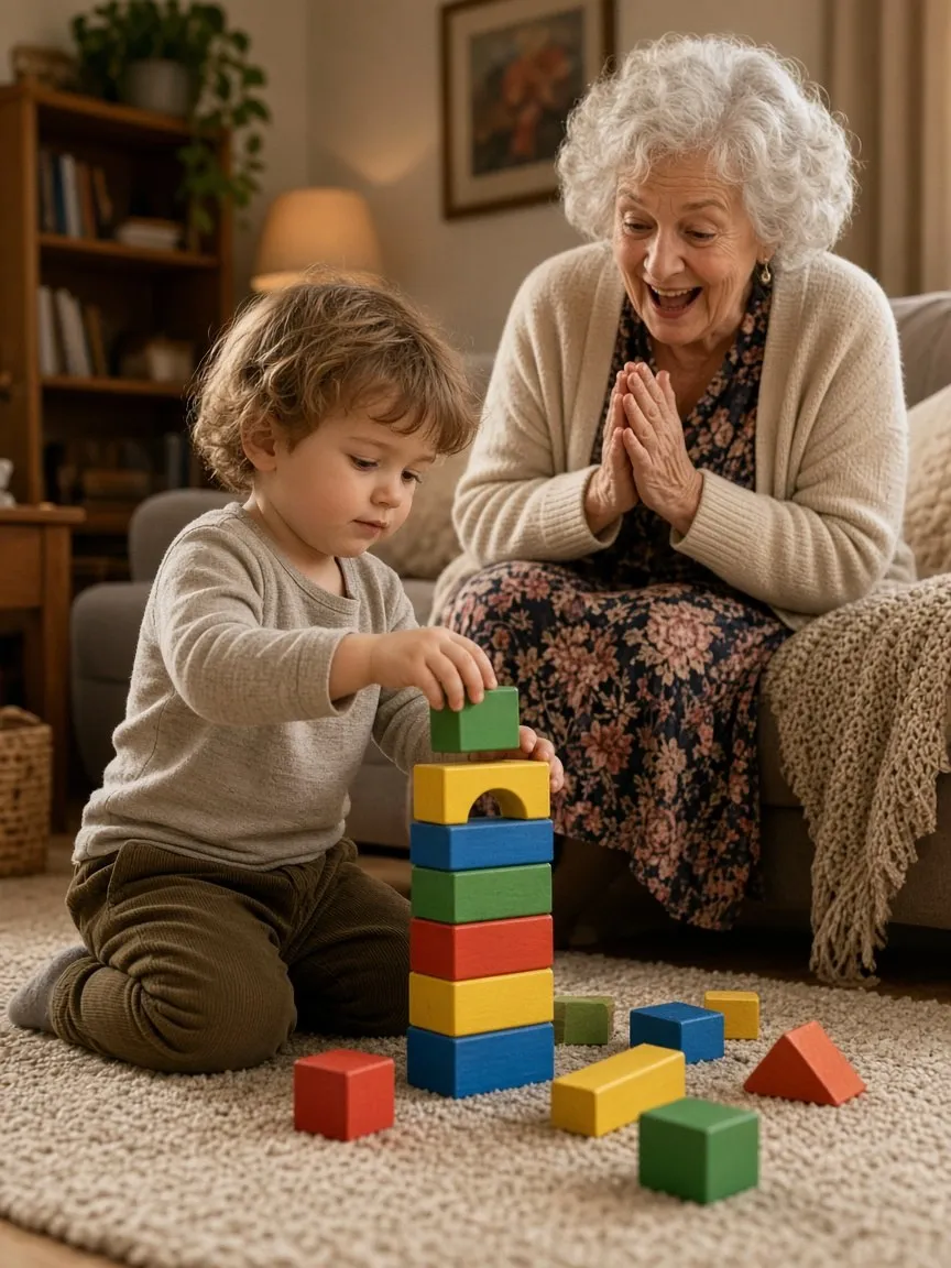 A toddler stacks colorful blocks next to his grandmother