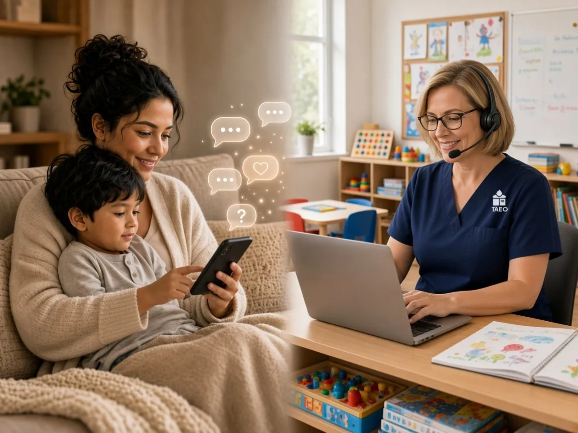 Una madre, con su hijo en el regazo, escribe en el chat de la app y una profesional del equipo de TAEO | EdTech, de uniforme azul, le responde desde su oficina