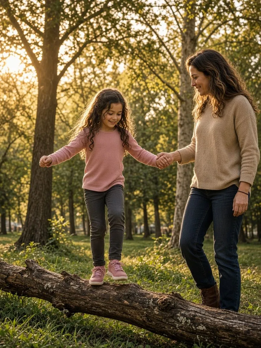 A girl walks along a log holding her mother’s hand